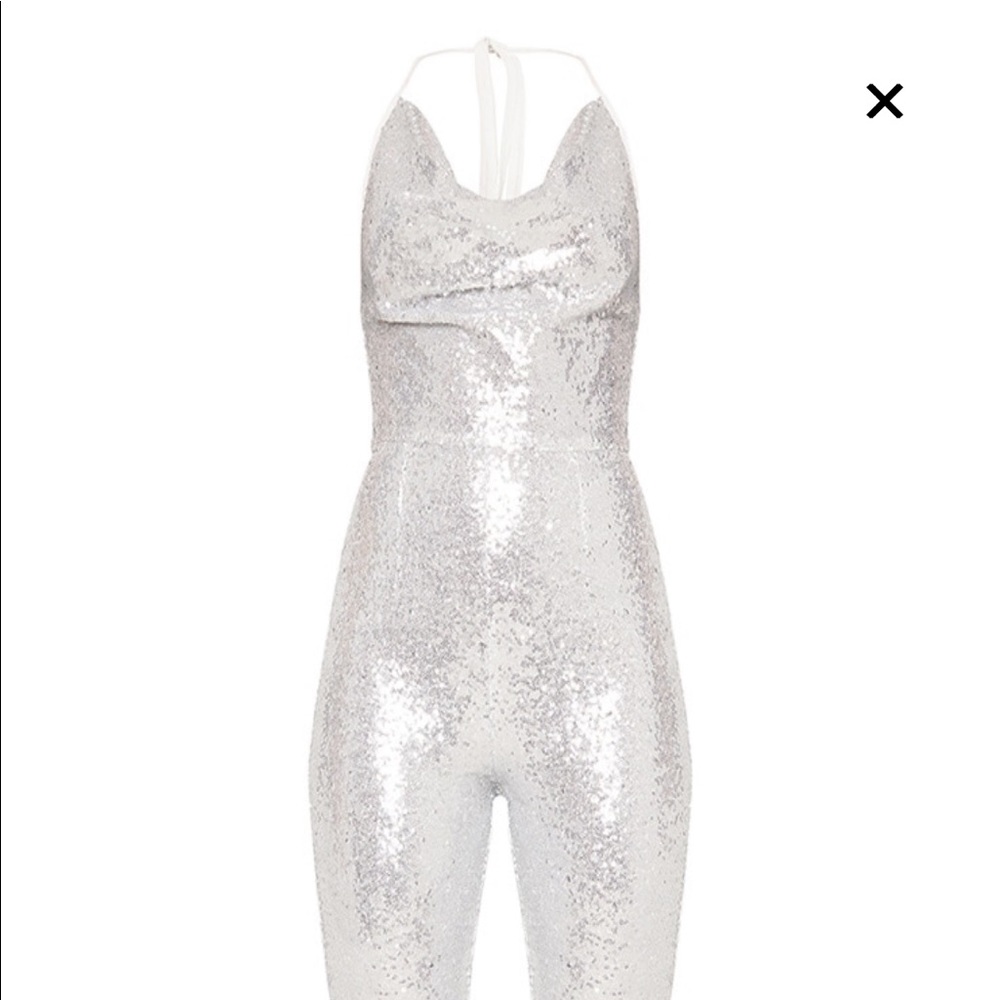 Silver Sequin Cowl Neck Halter Jumpsuit